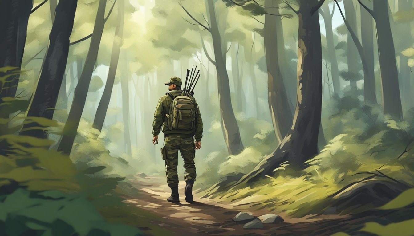 A hunter in camouflage navigating through a dense Georgia forest, carefully observing the surroundings for signs of game