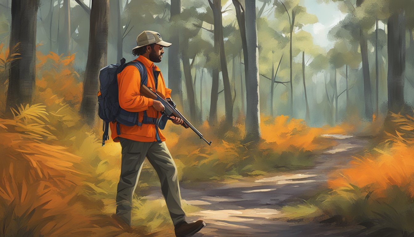 A hunter in Florida follows safety guidelines, wearing bright orange clothing and carrying a firearm while walking through a wooded area