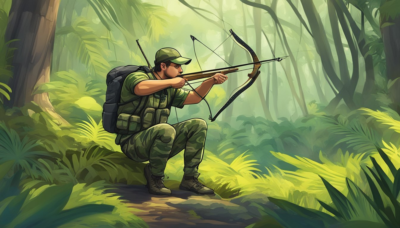 A hunter in camouflage with a bow and arrow crouching in lush Hawaiian forest, tracking wild game