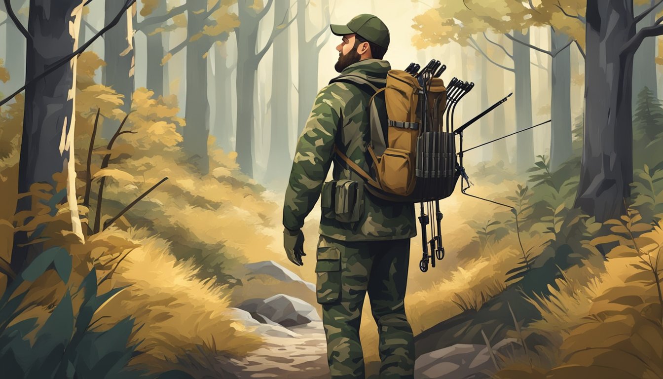 A hunter in Georgia uses a compound bow to stalk deer in a dense forest, wearing camouflage clothing and carrying a hunting backpack