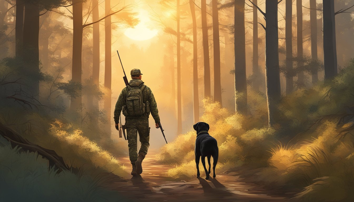 A hunter walking through a dense forest, carrying a rifle and wearing camouflage gear, with a hunting dog by their side. The sun is setting, casting a warm glow on the trees