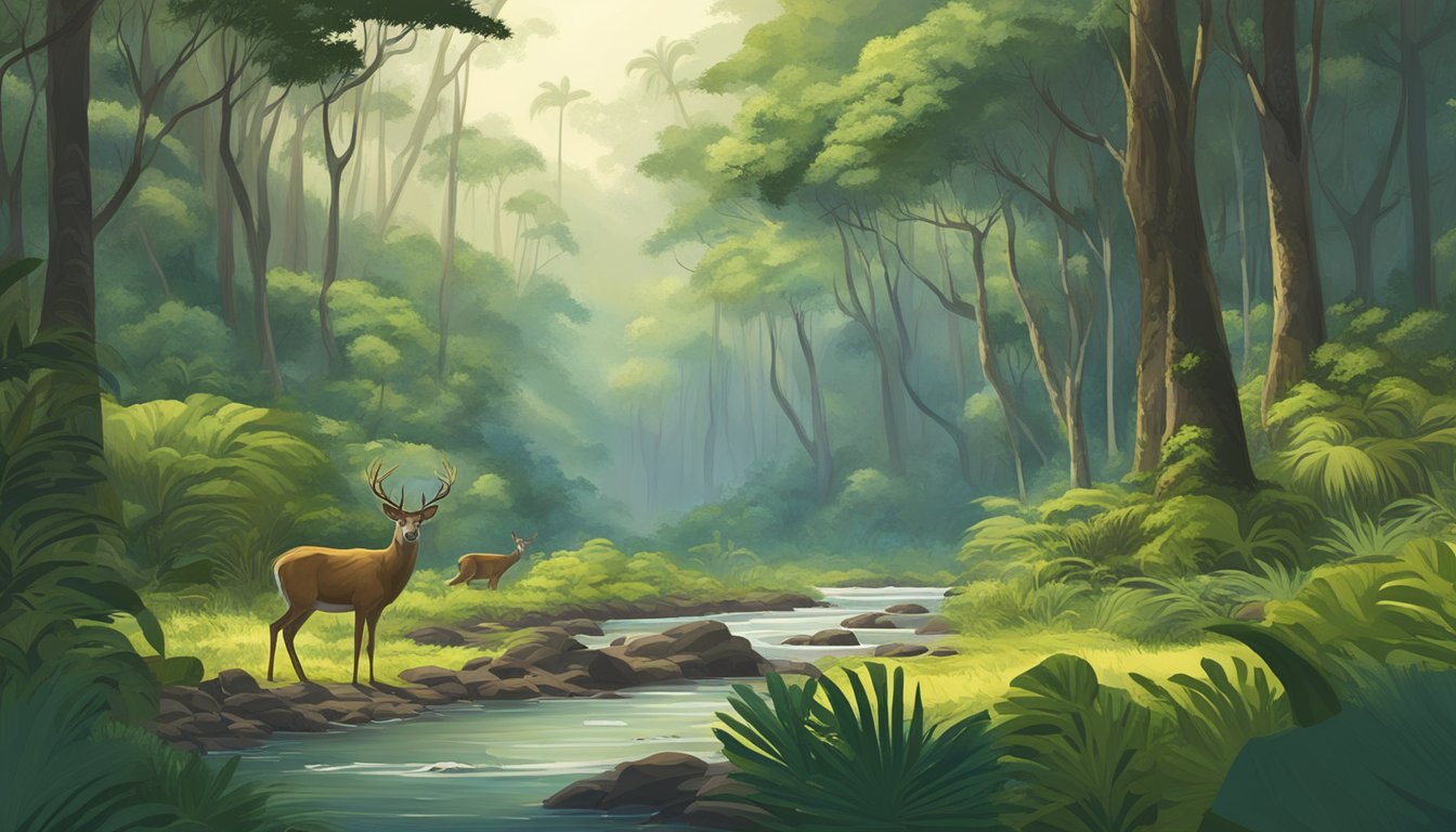 A lush Hawaiian forest with tall trees, dense underbrush, and a clear stream running through, with axis deer grazing in the distance