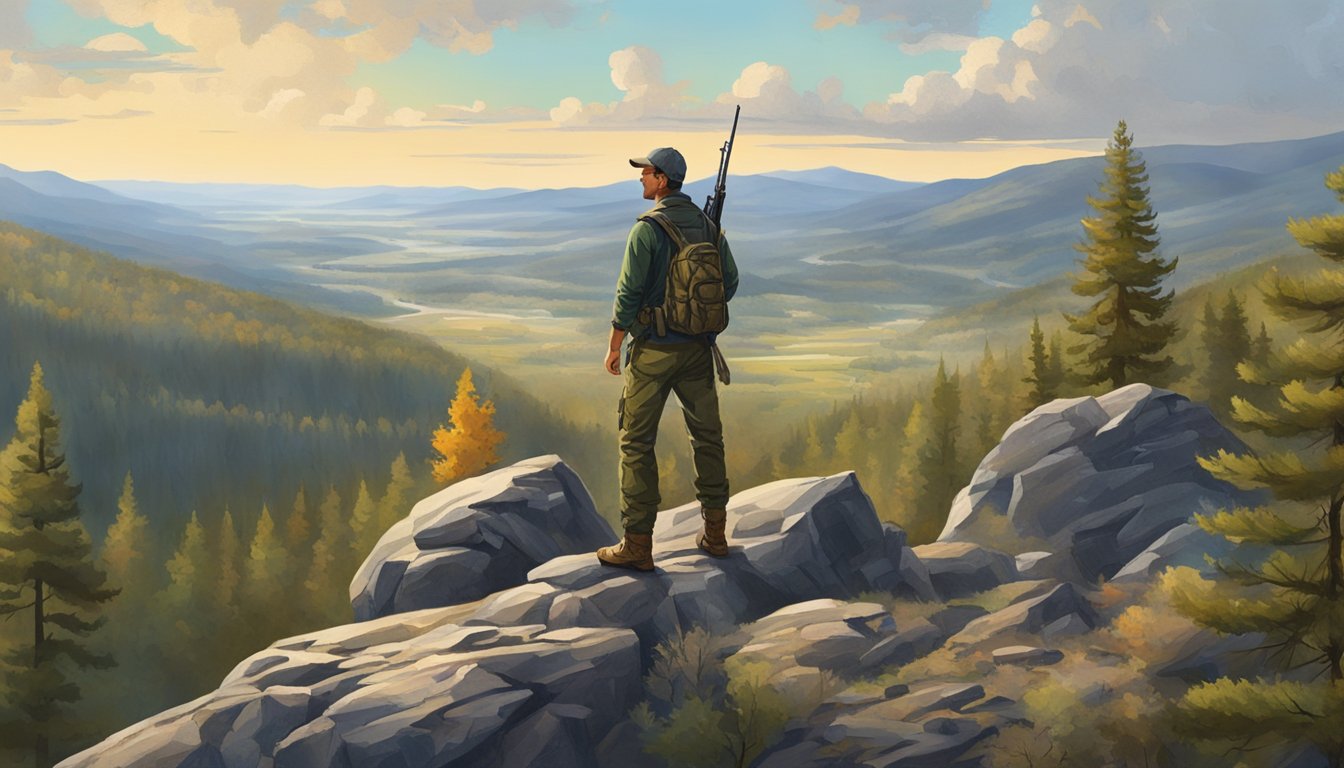 A hunter standing on a rocky ridge overlooking a vast forested valley in Idaho, with a clear view of potential game trails and watering holes