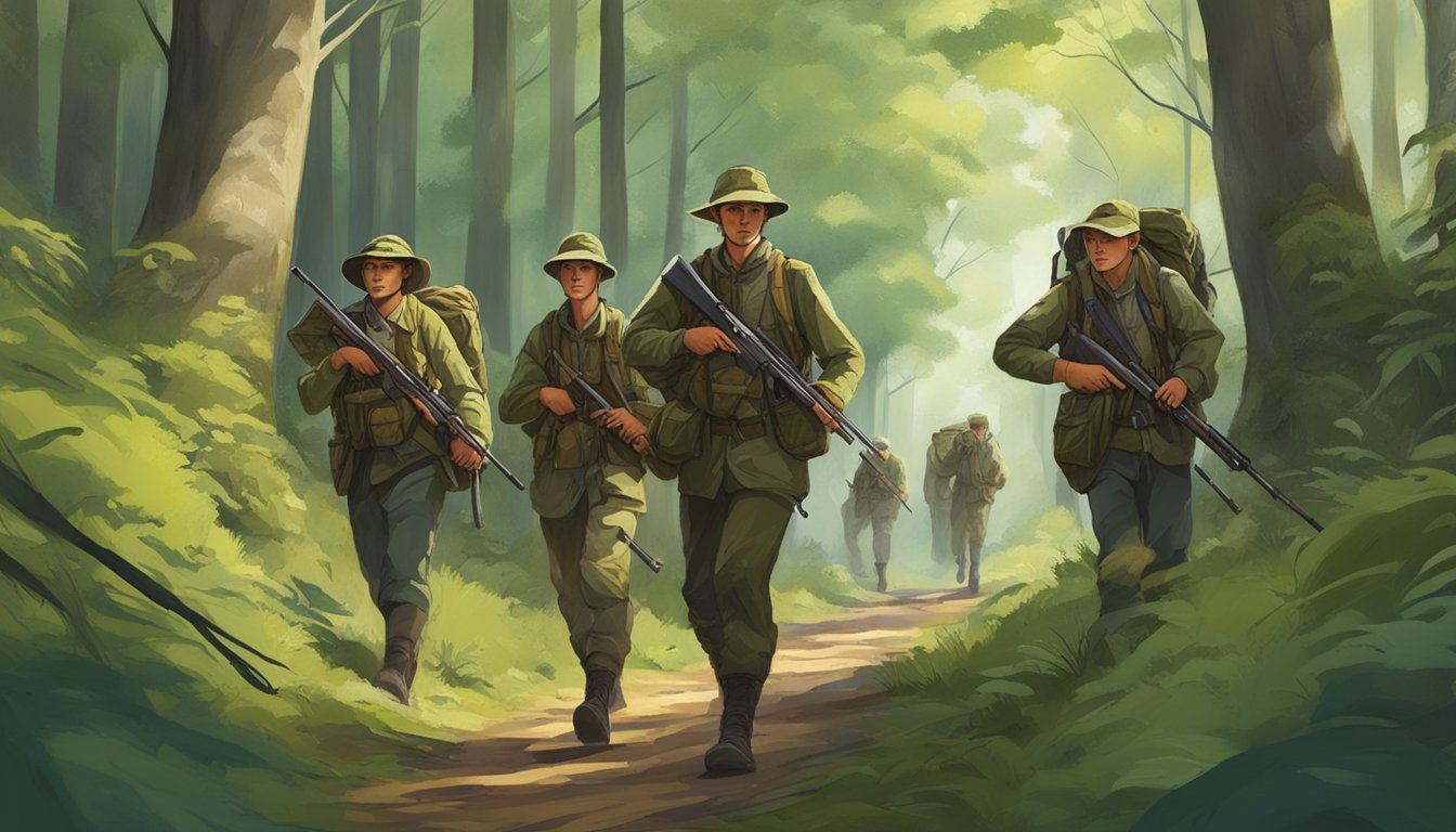 A group of young hunters trek through a lush Georgian forest, guided by experienced mentors. They carry rifles and wear camouflage gear, scanning the landscape for game