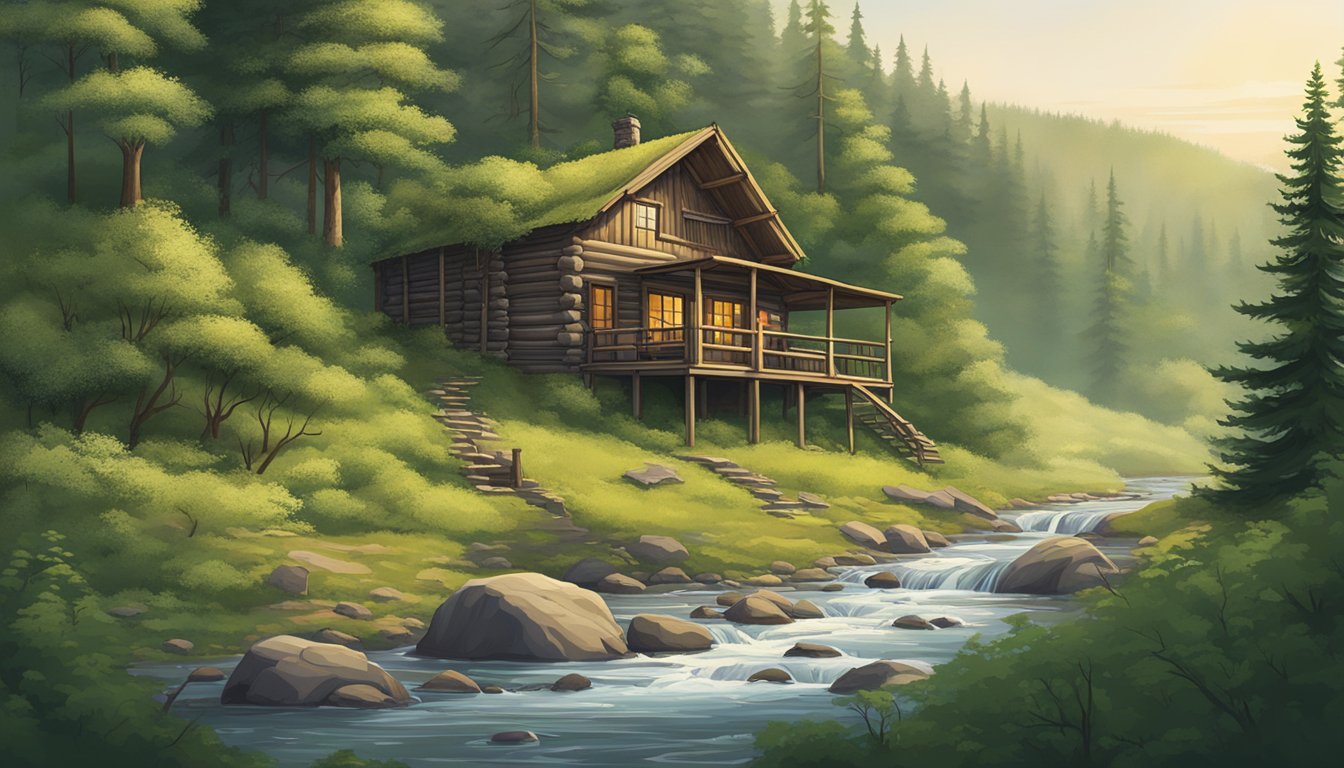 Lush forest with rolling hills, a winding river, and abundant wildlife. A hunter's cabin nestled among the trees with a clear sky overhead