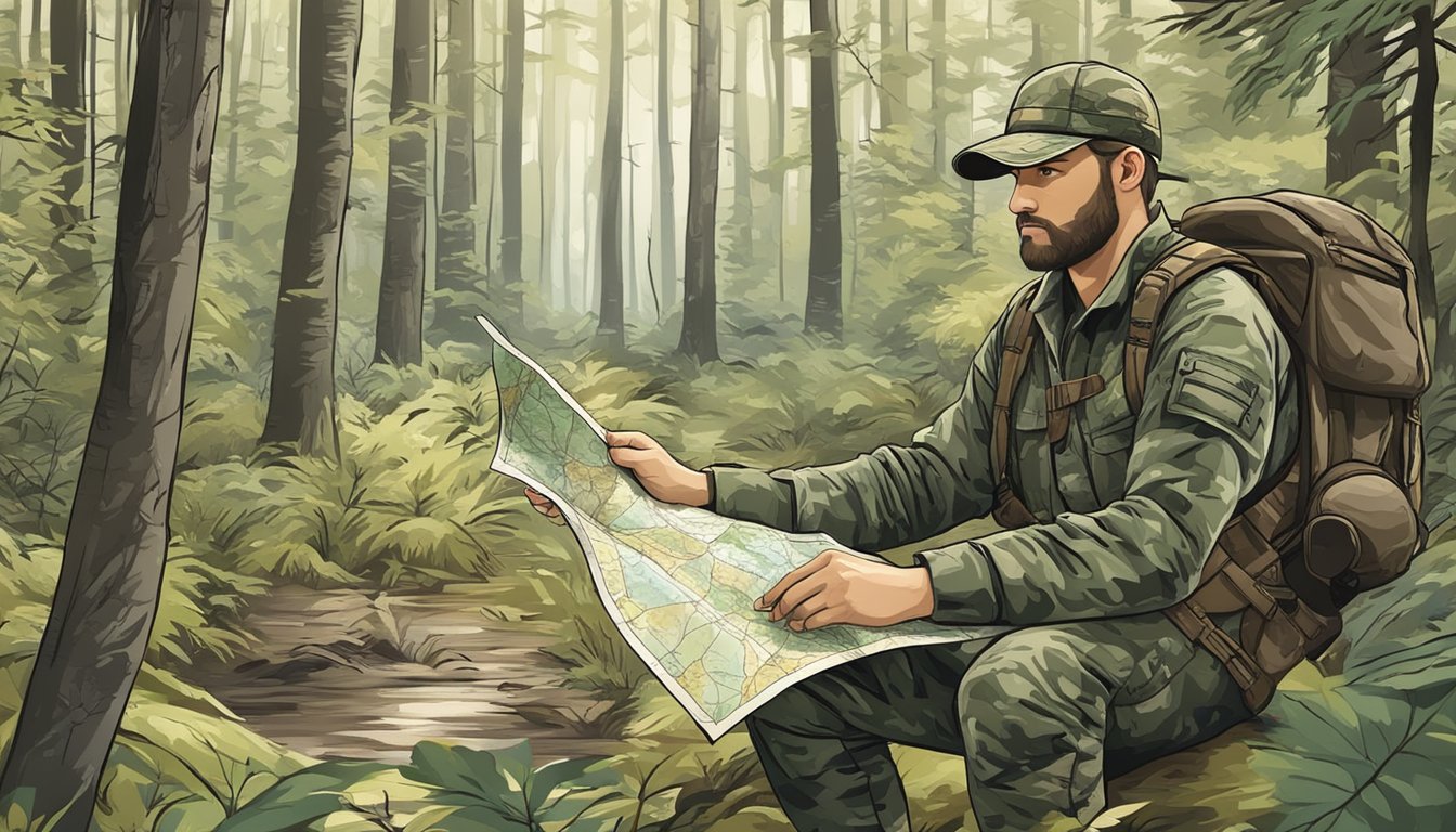 A hunter in camouflage navigating through a dense forest with a map and compass in hand, searching for a suitable hunting spot in Indiana