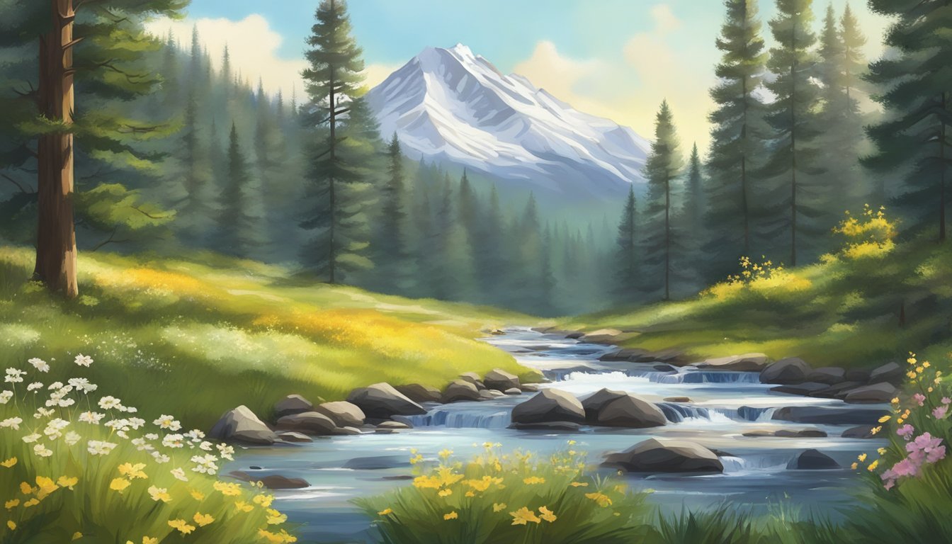 A snowy forest with evergreen trees and a clear stream, transitioning to a sunny meadow with wildflowers and a mountain backdrop