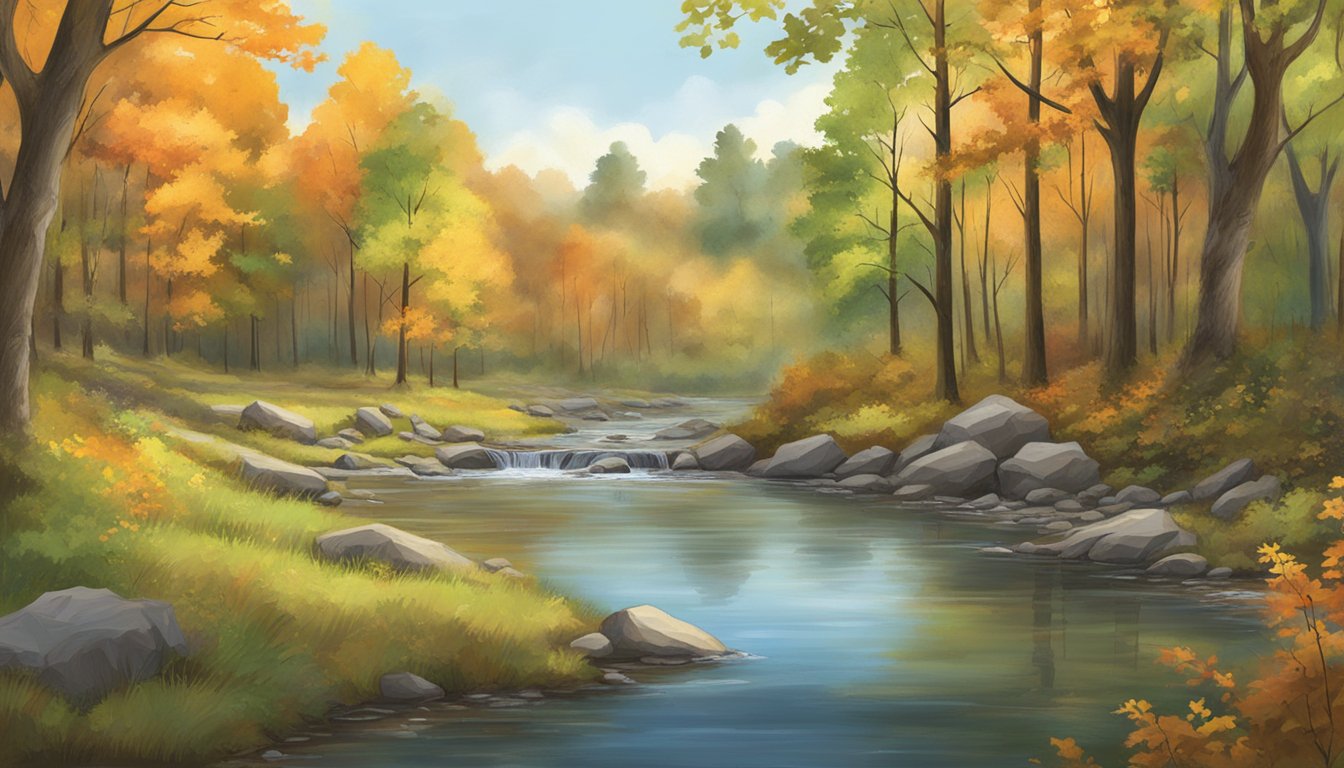 A tranquil forest with vibrant foliage and a clear stream, showcasing the changing seasons in Indiana for hunting