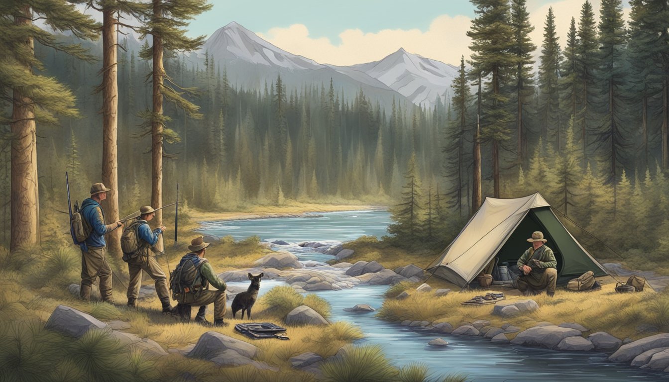 A group of hunters setting up camp in the Idaho wilderness, surrounded by tall pine trees and a flowing river. A map and hunting gear lay scattered on the ground