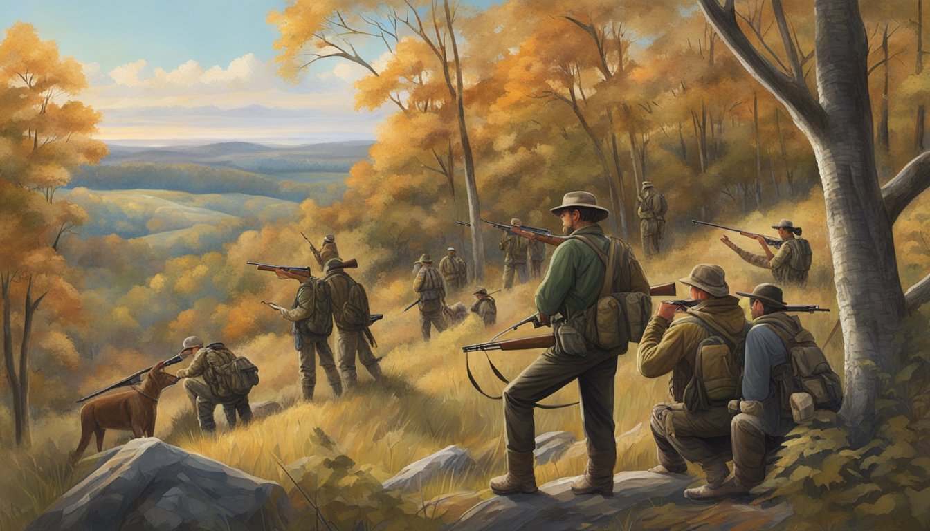 A group of hunters gather in a wooded area, their hunting gear and rifles at the ready. The Indiana landscape stretches out behind them, with rolling hills and dense forests