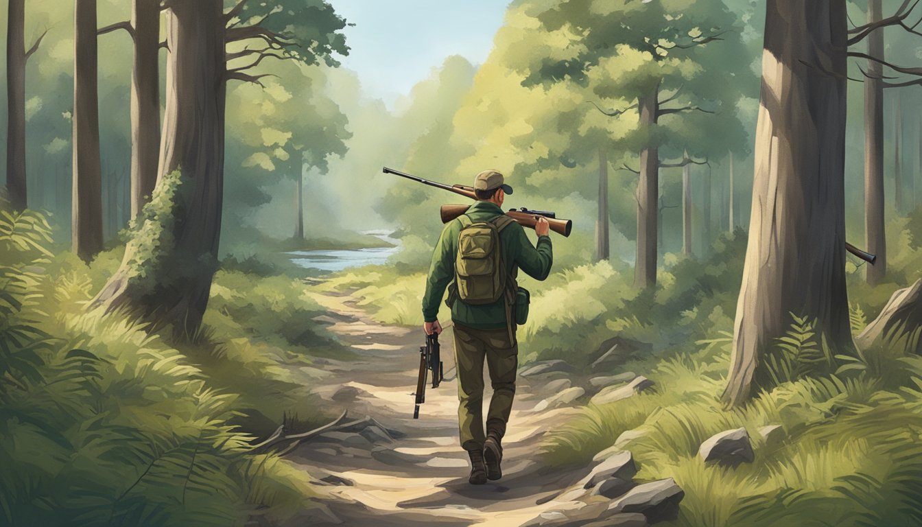 A hunter walking through a wooded area with a rifle and binoculars, surrounded by trees and wildlife