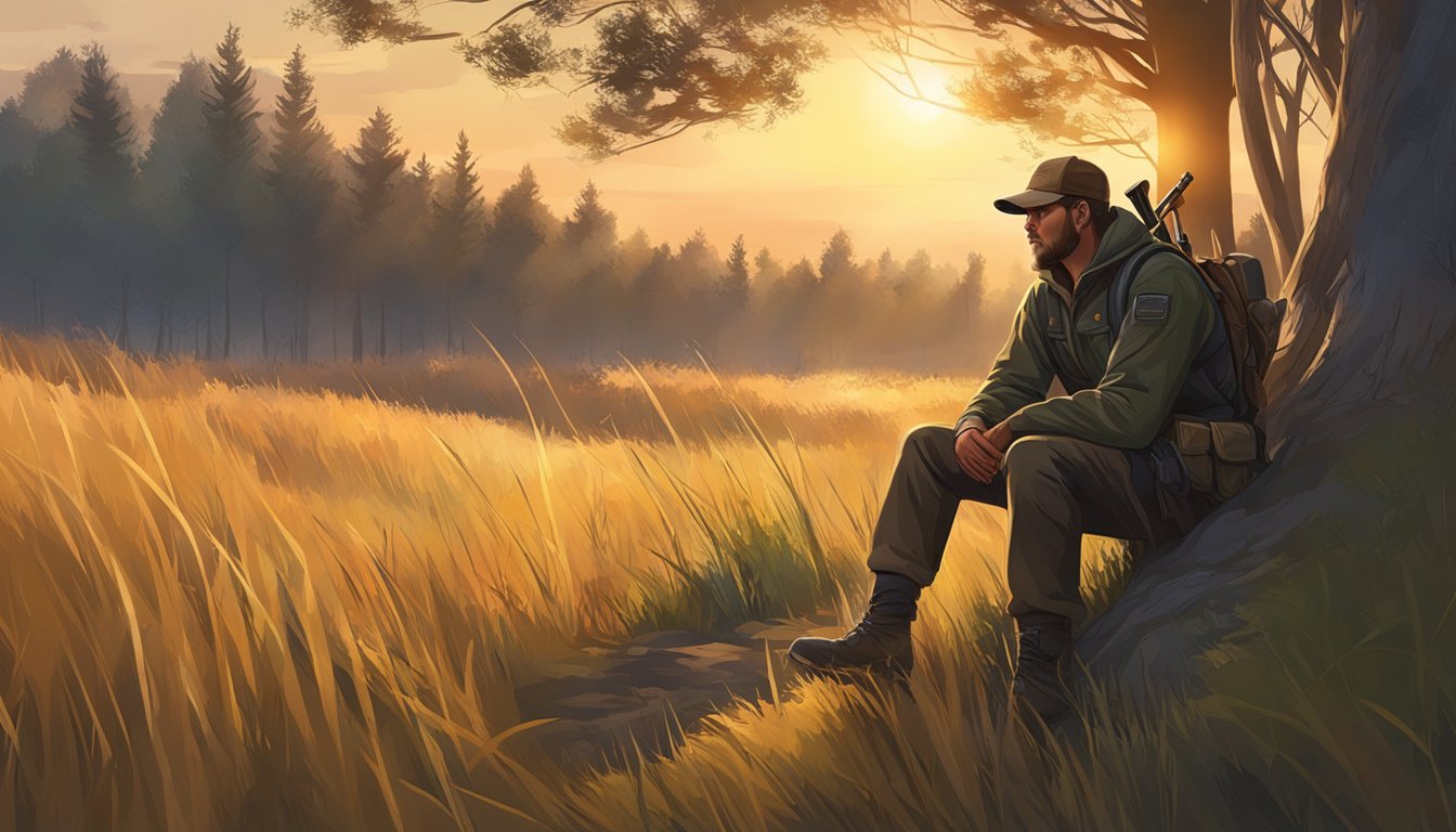 A hunter quietly waits in a wooded area, surrounded by tall grass and trees. The sun is setting, casting a warm glow over the landscape