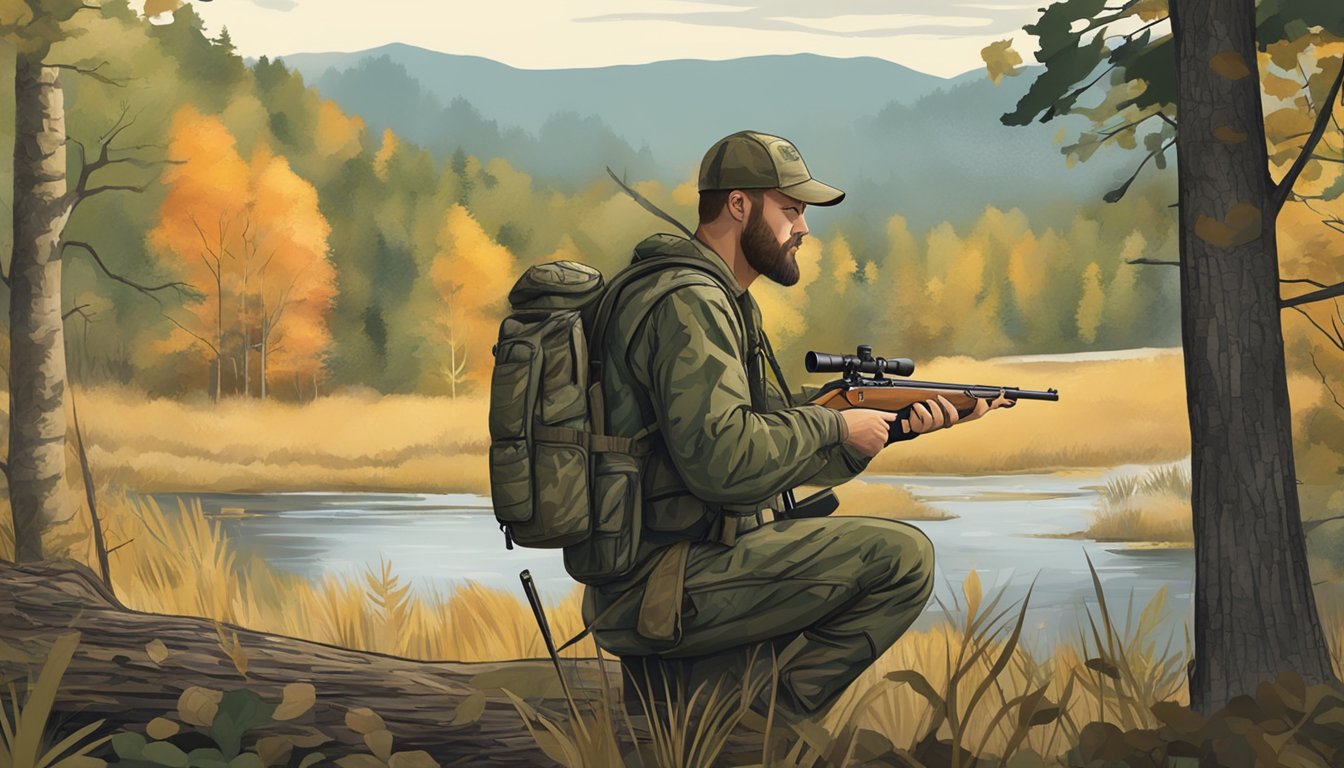 A hunter in Kentucky prepares gear, including a rifle, camouflage clothing, and a backpack, with a forested hunting ground in the background