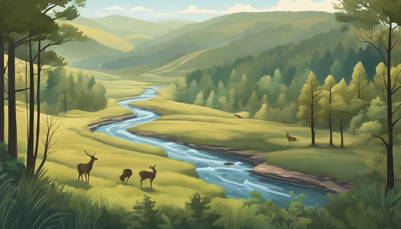 A dense forest with a winding river, surrounded by rolling hills and open fields, with deer and turkey tracks visible in the soft earth