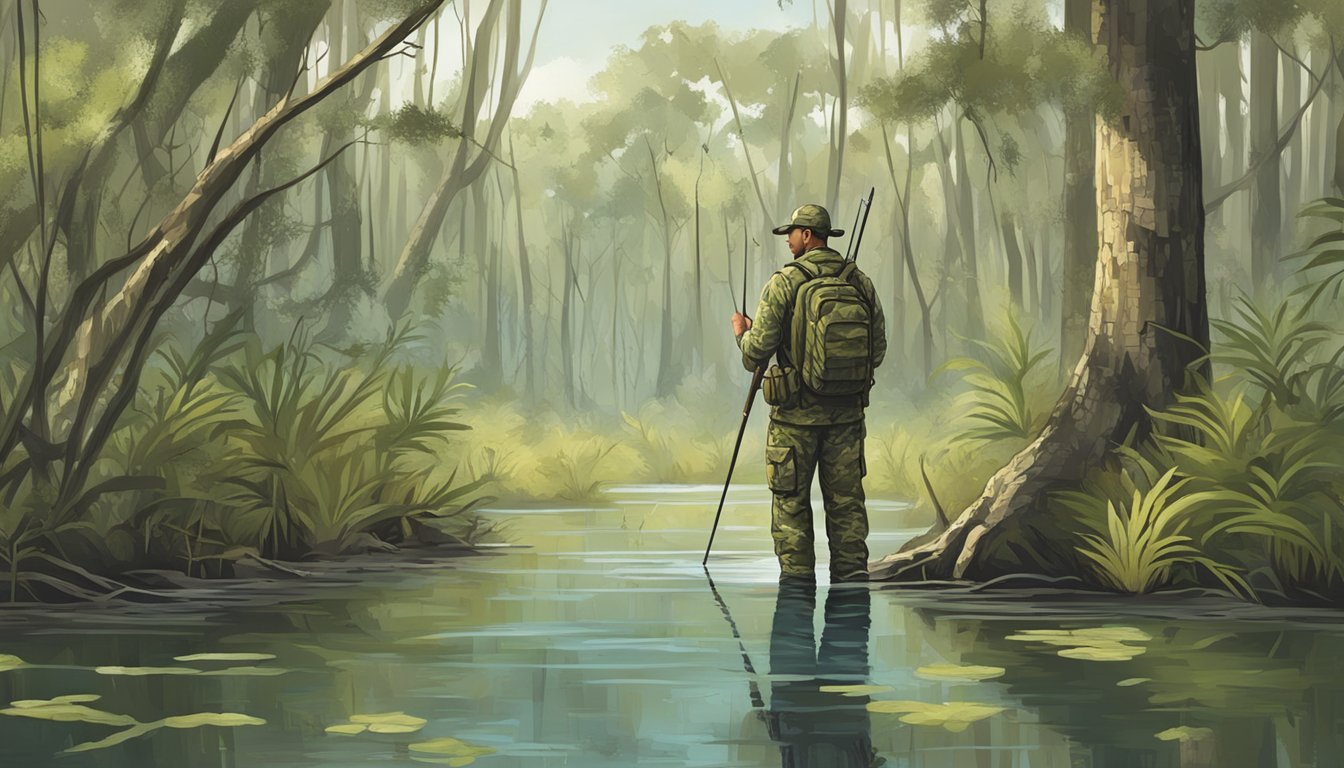 A hunter in camouflage gear navigating through a dense Louisiana swamp with a map and compass