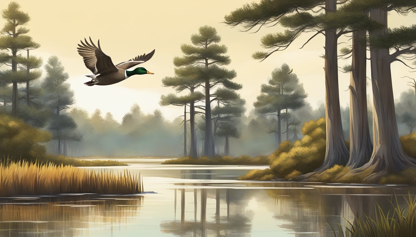 A group of ducks flying over a marshy wetland with cypress trees in the background