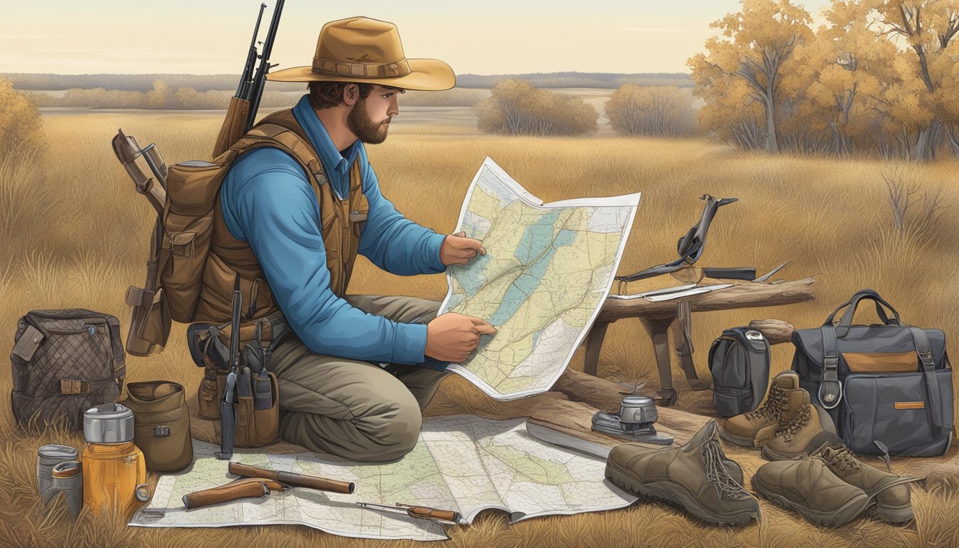 A hunter studying a map of Kansas, surrounded by hunting gear and regulations