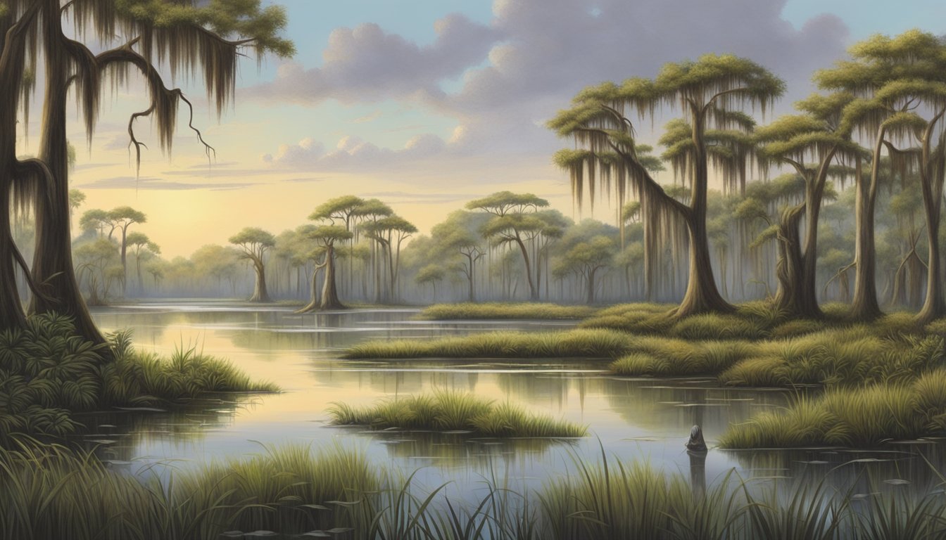 A dense Louisiana swamp with cypress trees and Spanish moss, teeming with wildlife and surrounded by marshland