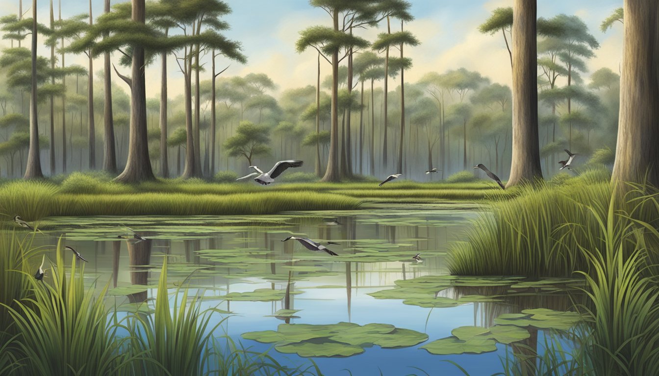 A lush Louisiana wetland with diverse wildlife, including waterfowl and alligators, surrounded by cypress trees and marshland