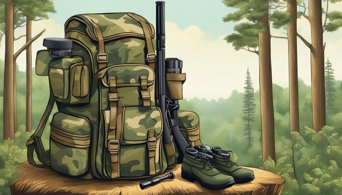 A hunter's backpack with a rifle, camouflage gear, and binoculars, set against a Louisiana forest backdrop