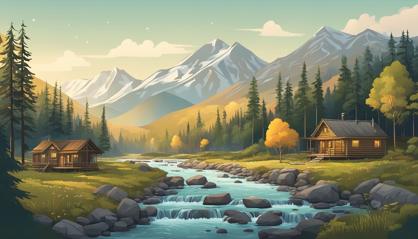 A dense forest with a stream running through it, surrounded by mountains and dotted with hunting cabins