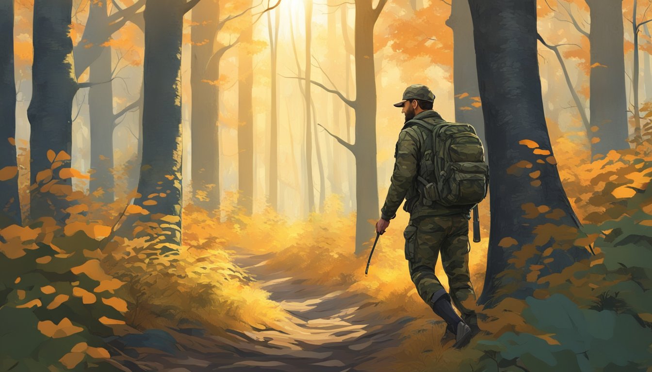 A hunter in camouflage navigating through a dense forest, following a trail marked with orange ribbons. The sun filters through the trees, casting dappled light on the forest floor