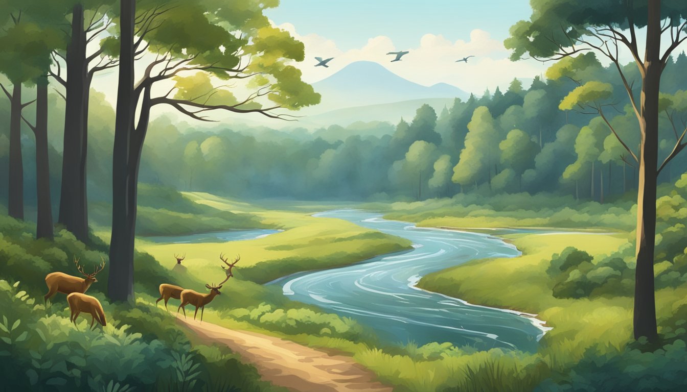 A dense forest with tall trees, a winding river, and open fields, with birds and deer in the distance