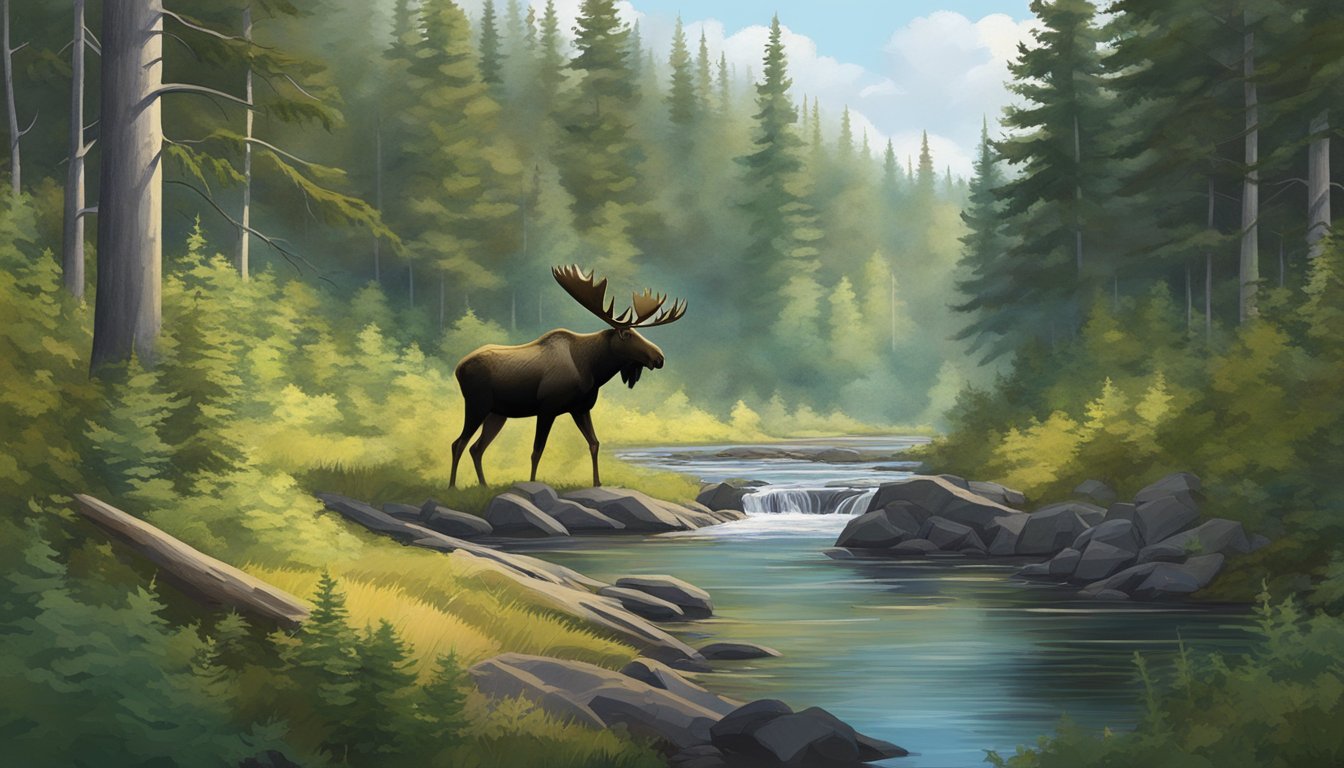 A dense forest in Maine, with tall trees and thick underbrush. A clearing reveals a large moose grazing near a stream