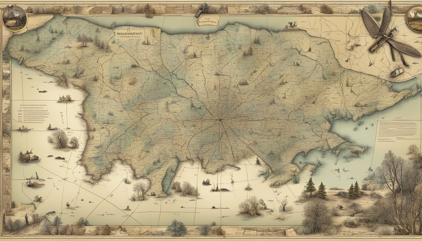 A hunter's map of Massachusetts with marked hunting locations and various tools scattered around