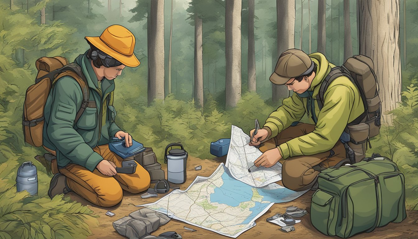 A hunter packing gear and checking a map in a wooded area with safety items displayed