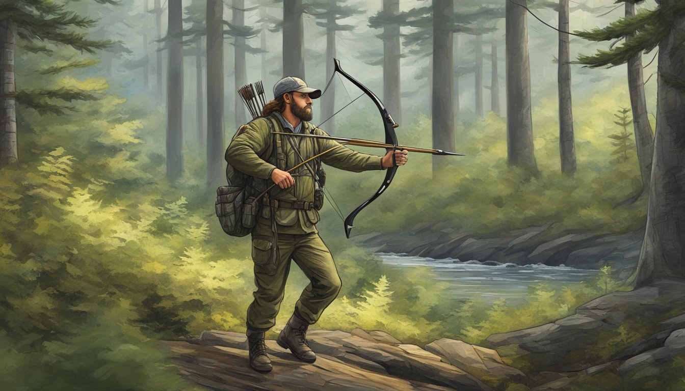 A hunter in Maine uses a bow and arrow to track a deer through the dense forest, carefully navigating the rugged terrain