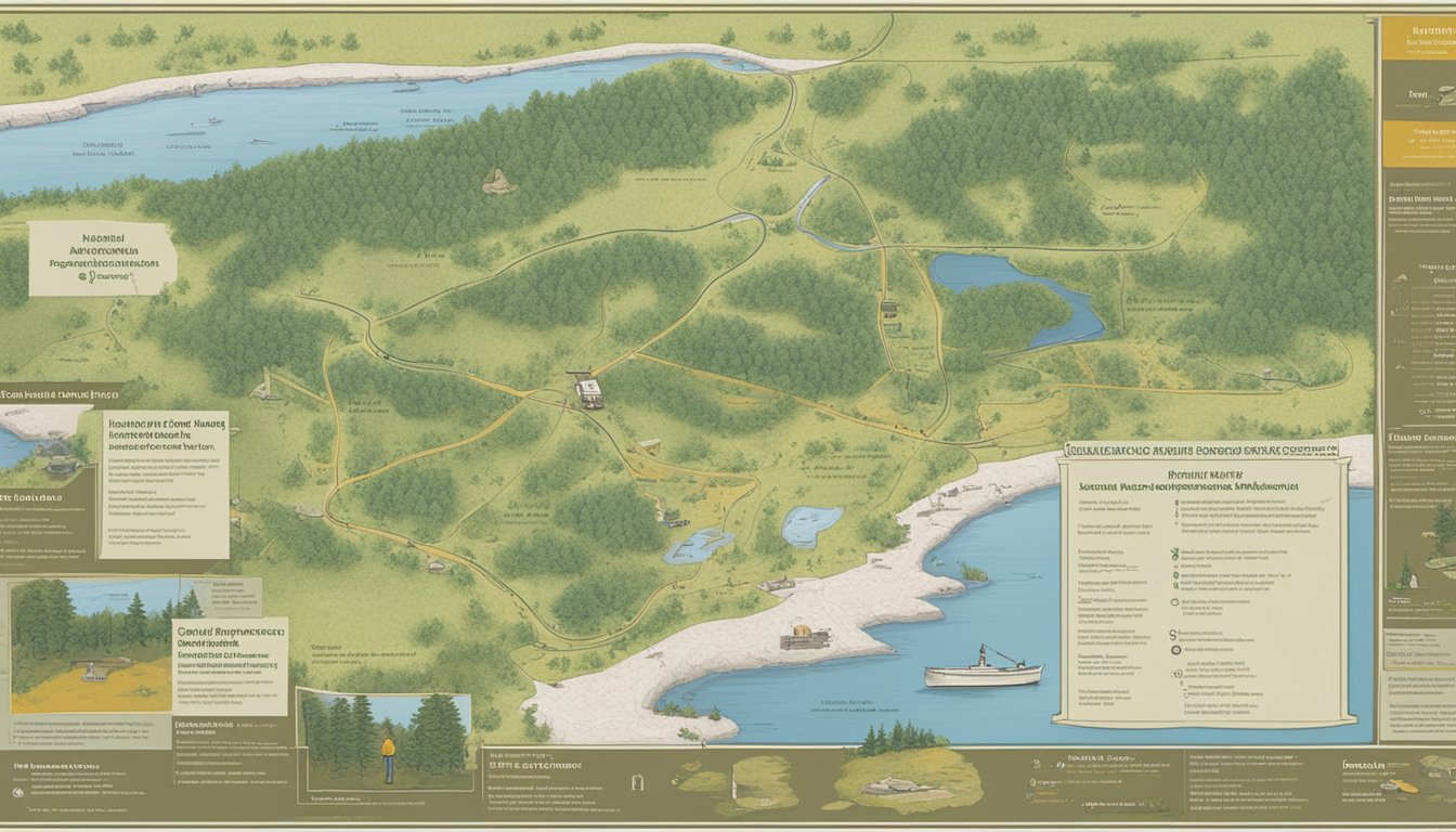 A hunter stands at a state park entrance, reading a sign listing hunting regulations and permit requirements in Massachusetts. A map of the hunting areas is posted nearby