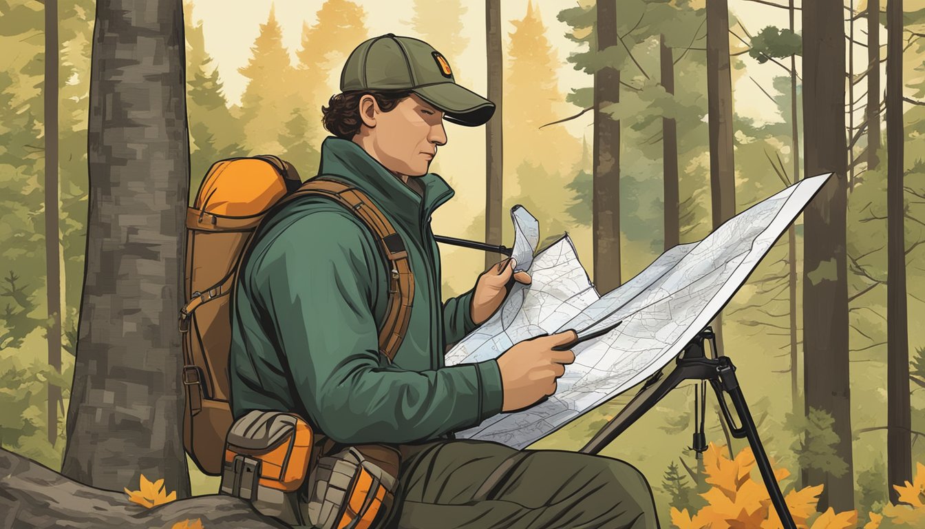 A hunter in Minnesota reading a map of hunting regulations, surrounded by forests and safety equipment