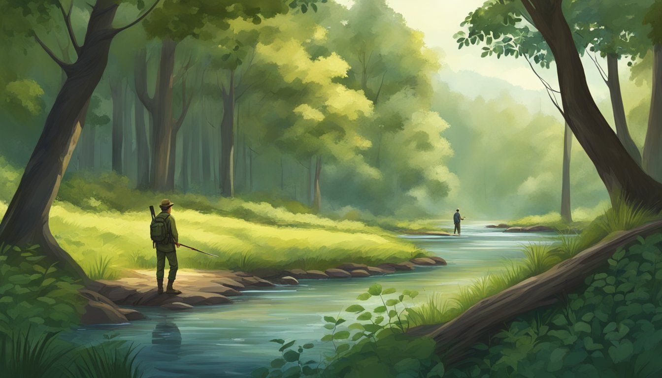 A serene forest clearing with a trickling stream, surrounded by lush foliage and wildlife. A hunter stands in the distance, observing the peaceful scene