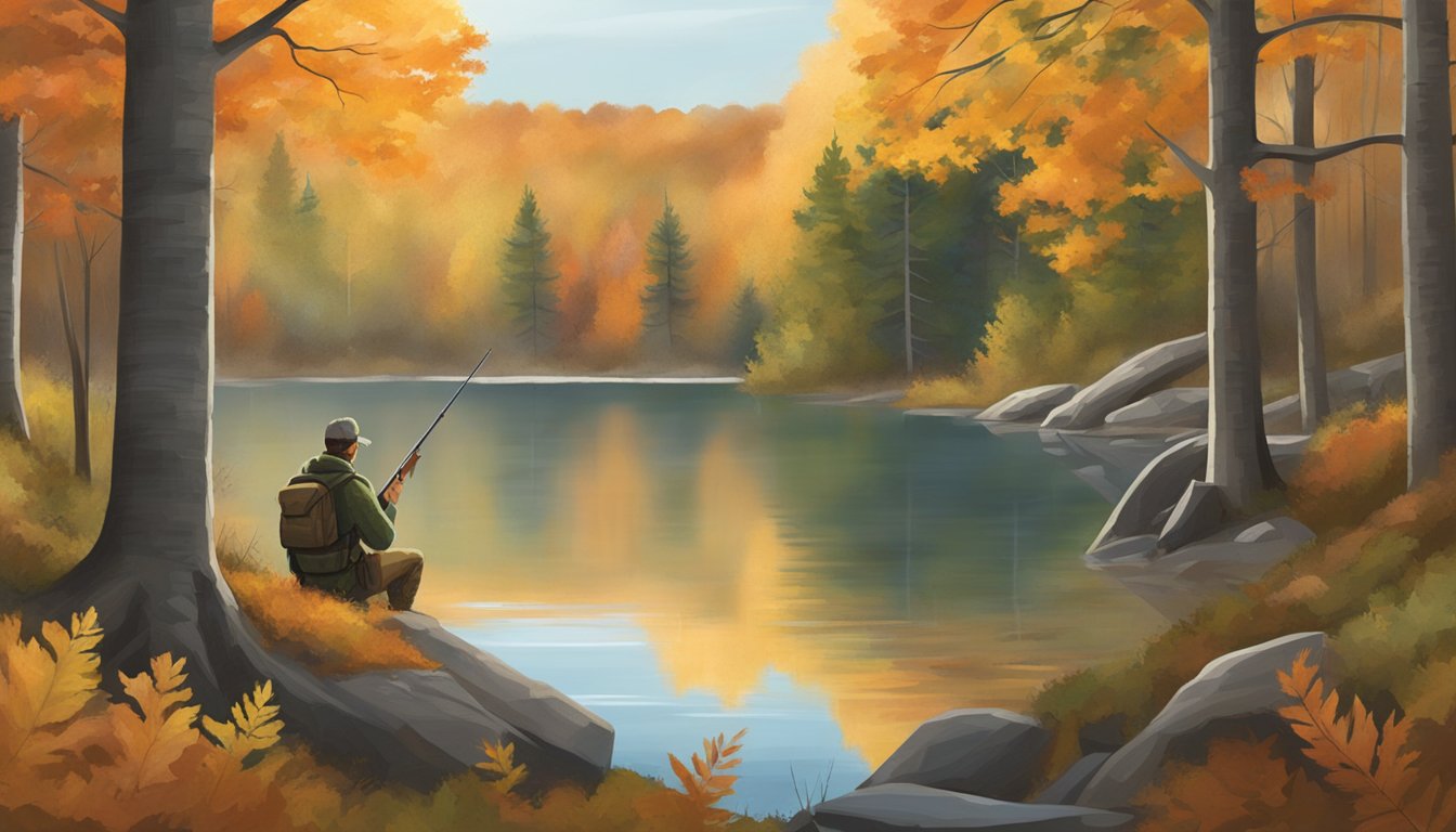 A serene forest in Minnesota, with autumn leaves and a tranquil lake, as a hunter waits for game during hunting season