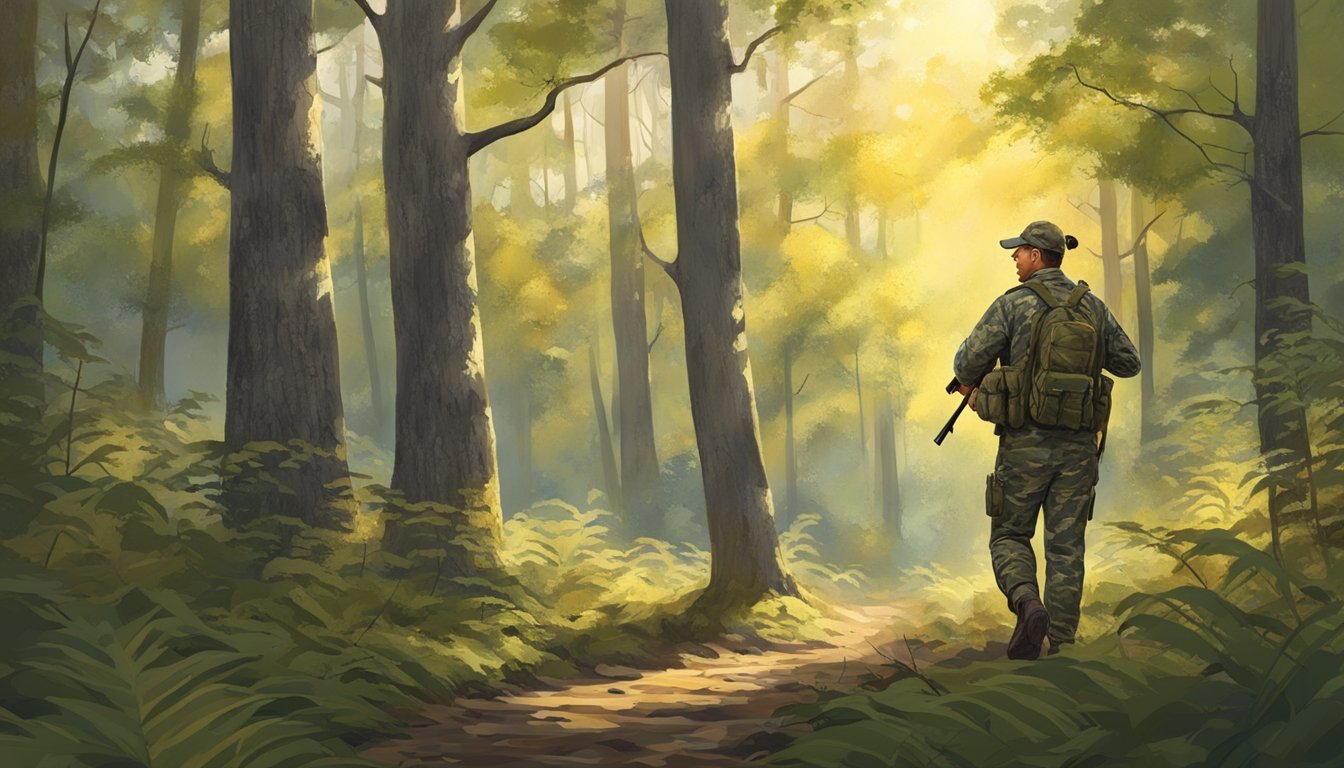 A hunter in camouflage navigating through a dense Mississippi forest, with a shotgun slung over their shoulder. The sun filters through the trees, casting dappled light on the forest floor