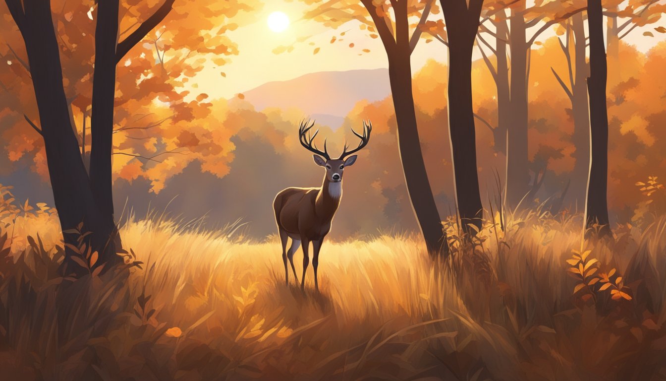 A deer stands in a wooded area, surrounded by autumn leaves and tall grass. The sun is setting, casting a warm glow over the scene