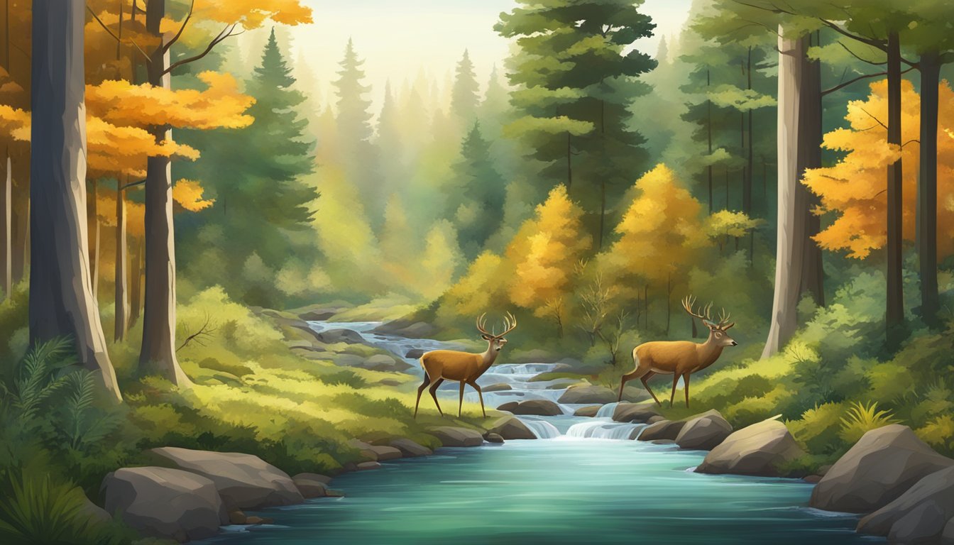 A dense forest with a mix of deciduous and coniferous trees, a small stream running through the landscape, and a variety of wildlife such as deer and turkeys