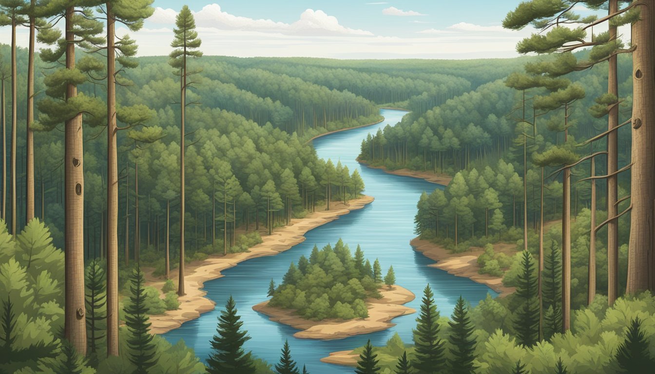 A dense forest with tall pine trees and a winding river, surrounded by public hunting land in Mississippi