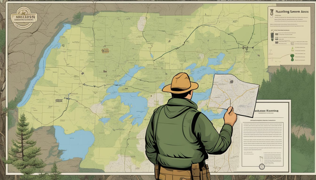 A hunter holding a Mississippi hunting license and permits in a wooded area with a map showing designated hunting locations