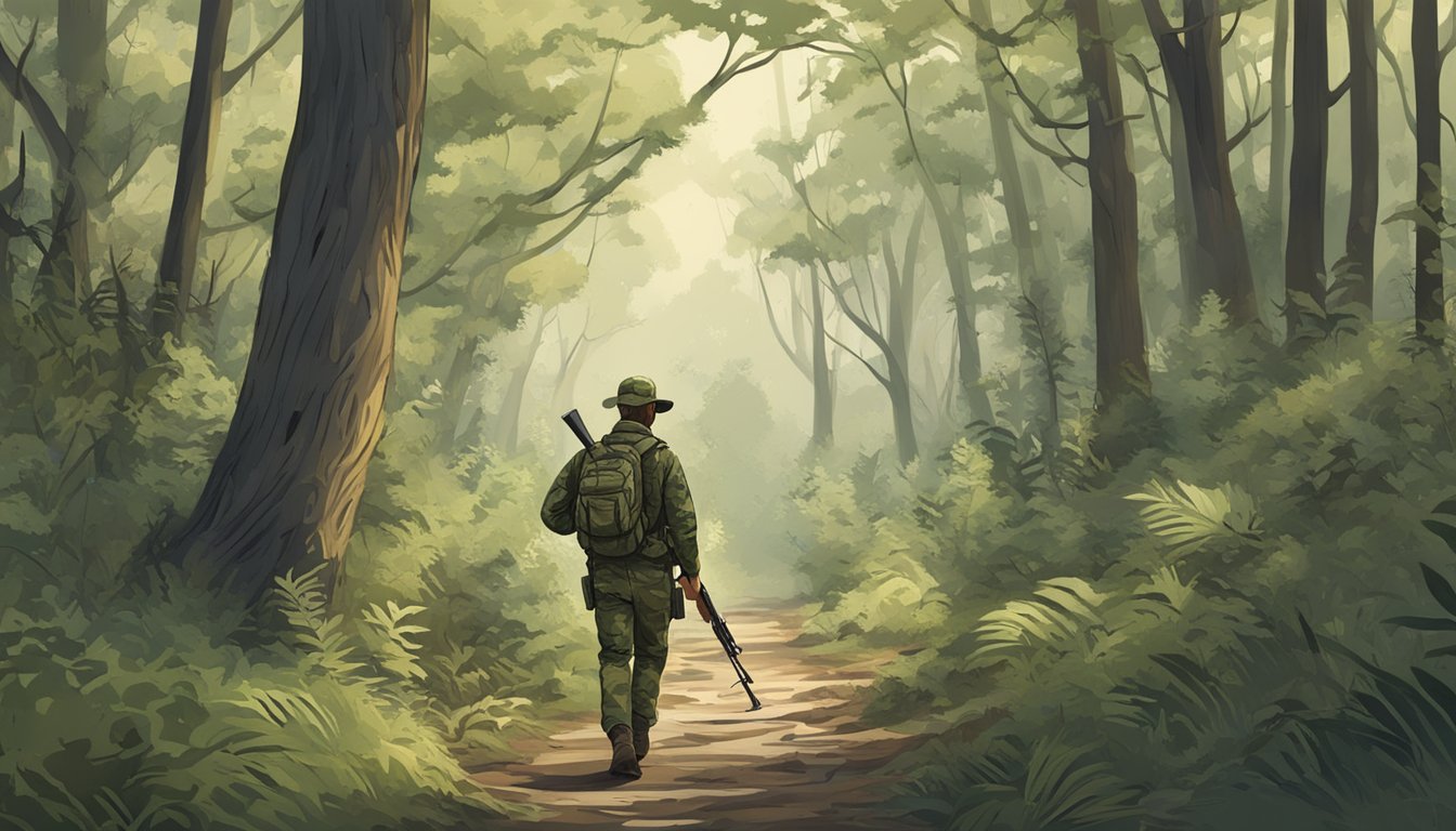 A hunter walking through a dense Mississippi forest, carrying a rifle and wearing camouflage clothing. The hunter is mindful of their surroundings and treads lightly