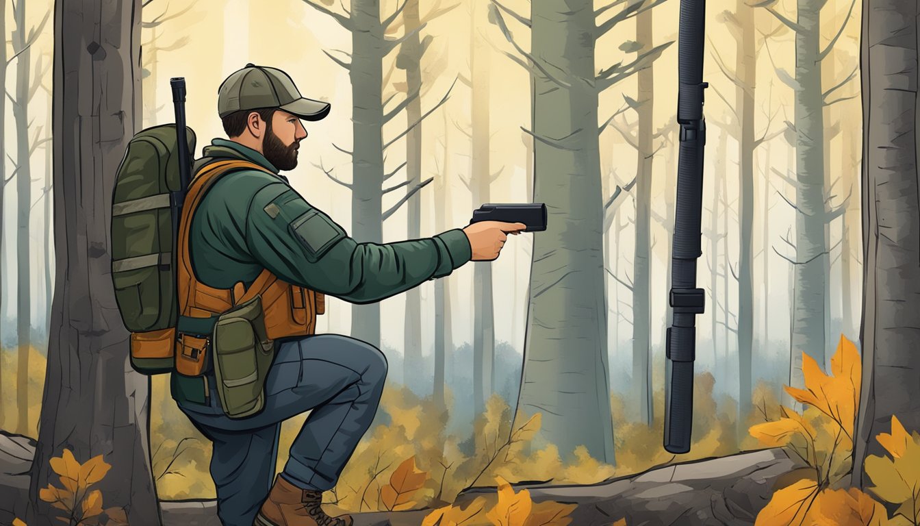 A hunter in Michigan checks their gear and scans the forest for a safe and suitable hunting spot