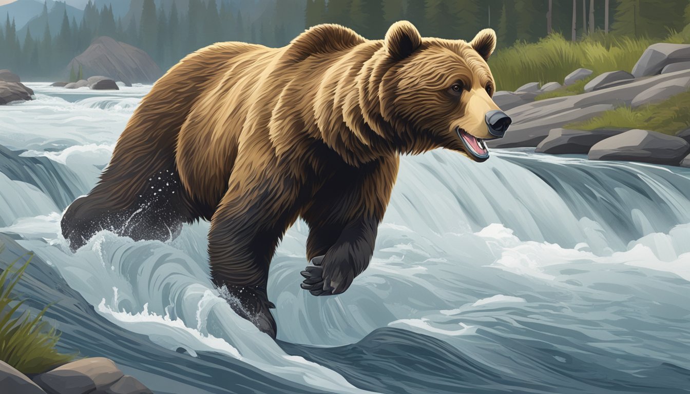 A grizzly bear catching salmon in a rushing river in the Montana wilderness