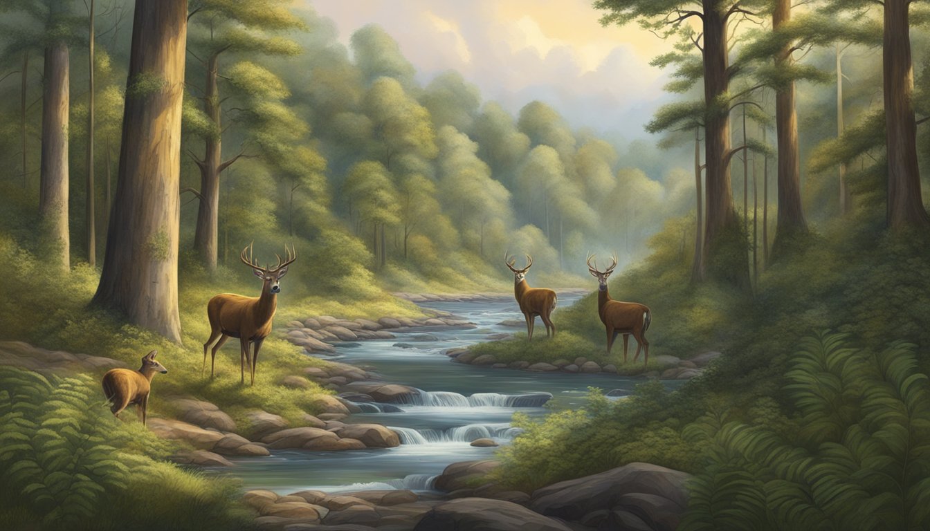 A dense forest with tall trees, a winding river, and abundant wildlife, such as deer and turkey, in the Mississippi wilderness