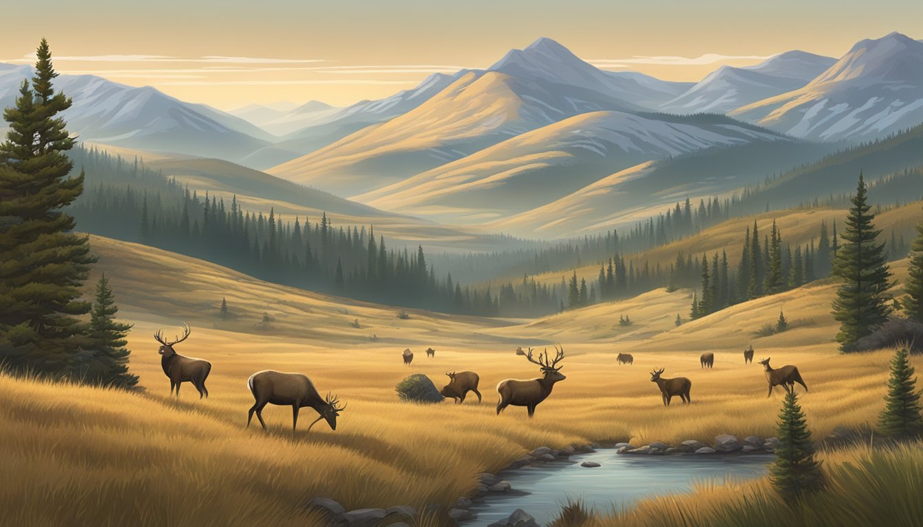 A vast, rugged landscape in Montana with rolling hills, dense forests, and open plains, with various wildlife such as deer, elk, and bear roaming freely