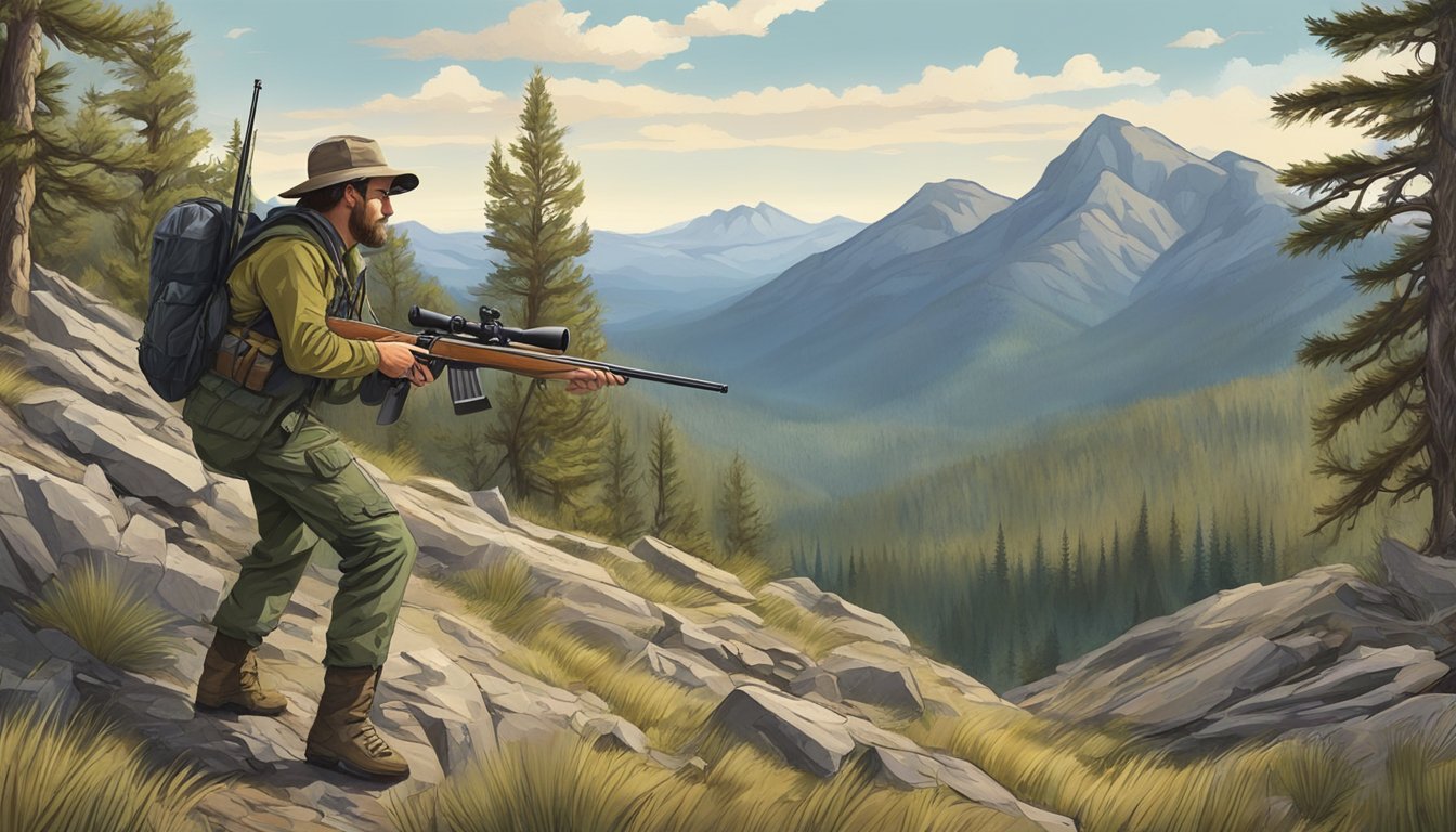 A hunter stalking through a dense forest, rifle in hand, tracking prey in the rugged mountains of Montana