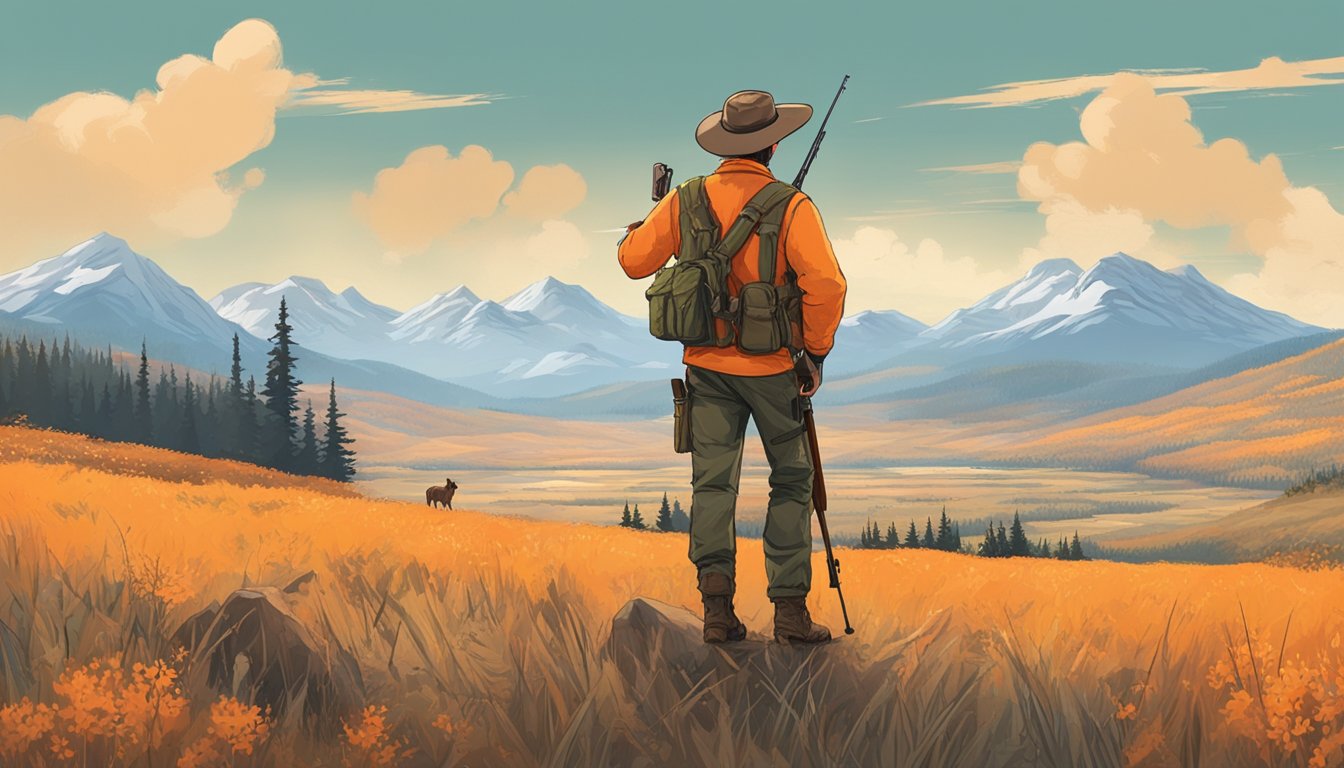 A hunter in a bright orange vest and hat stands in a vast, open field surrounded by mountains and trees. A rifle is slung over his shoulder as he scans the landscape for game