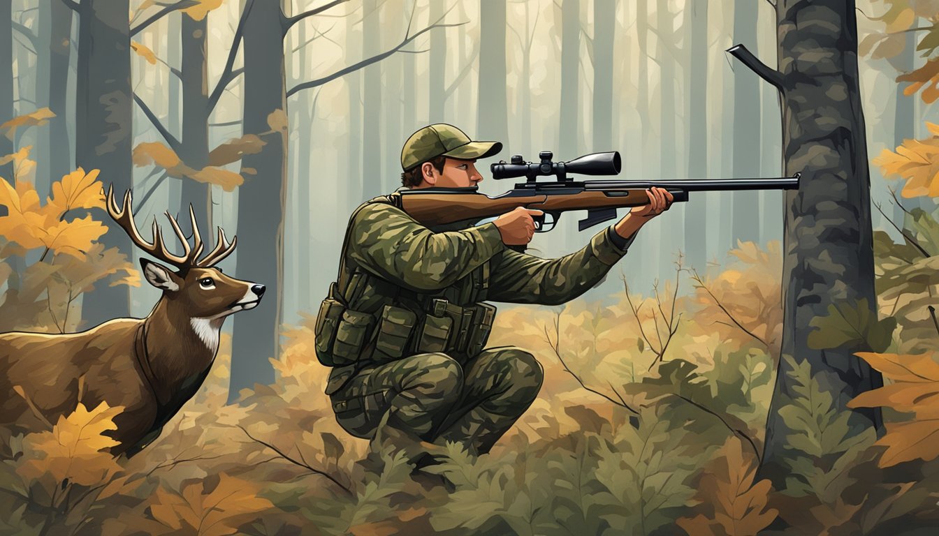 A hunter in camouflage aiming a rifle at a deer in a dense Missouri forest