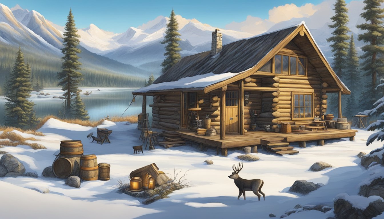 A hunter's cabin nestled in the Montana wilderness, surrounded by dense forest and snow-capped mountains. A map of hunting grounds hangs on the wall, while gear and trophies are scattered around the room