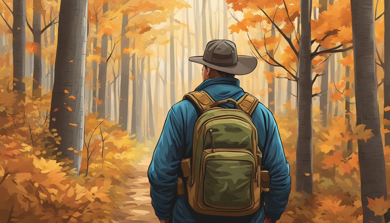 A hunter walking through a forest in Missouri, with vibrant fall foliage and a clear schedule of hunting seasons displayed on a signpost